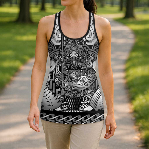 New Zealand Taiaha Maori Hollow Tank Top Kiwikiwi Minimalist Silver Fern Tukutuku Motif