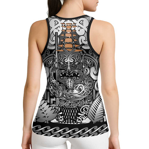 New Zealand Taiaha Maori Hollow Tank Top Kiwikiwi Minimalist Silver Fern Tukutuku Motif