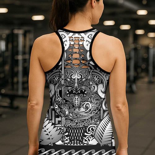 New Zealand Taiaha Maori Hollow Tank Top Kiwikiwi Minimalist Silver Fern Tukutuku Motif