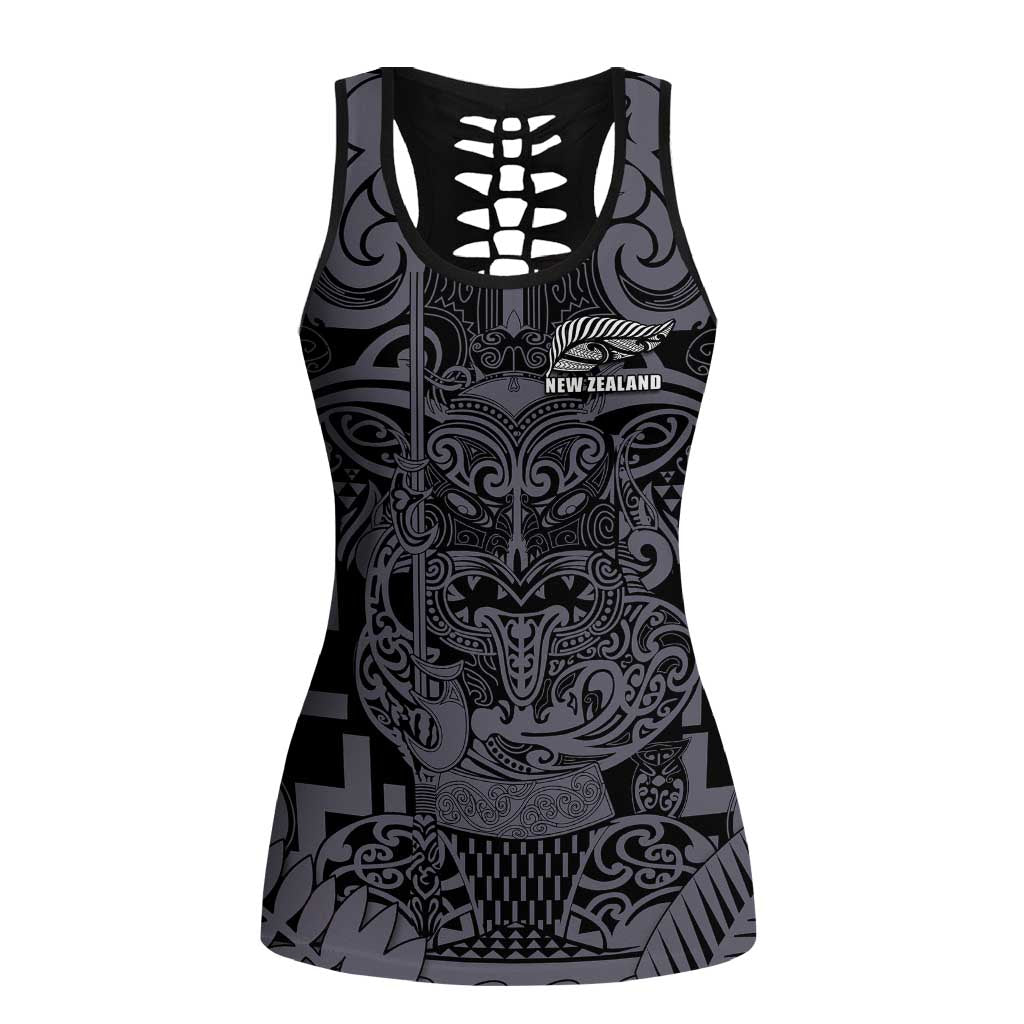 New Zealand Taiaha Maori Hollow Tank Top Minimalist Silver Fern All Black - Aussie Hoodie