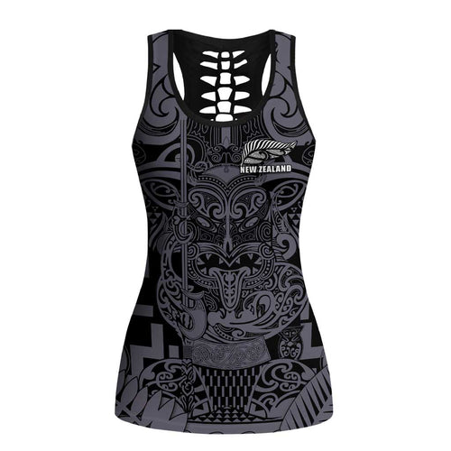 New Zealand Taiaha Maori Hollow Tank Top Minimalist Silver Fern All Black - Aussie Hoodie