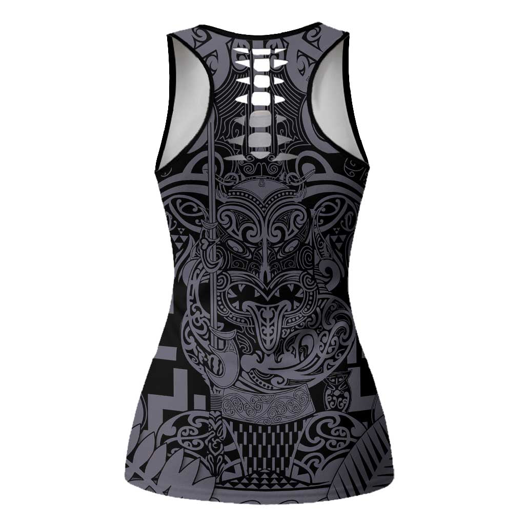 New Zealand Taiaha Maori Hollow Tank Top Minimalist Silver Fern All Black - Aussie Hoodie