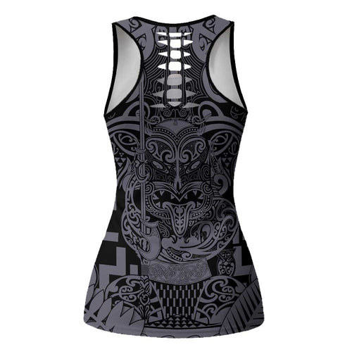 New Zealand Taiaha Maori Hollow Tank Top Minimalist Silver Fern All Black - Aussie Hoodie