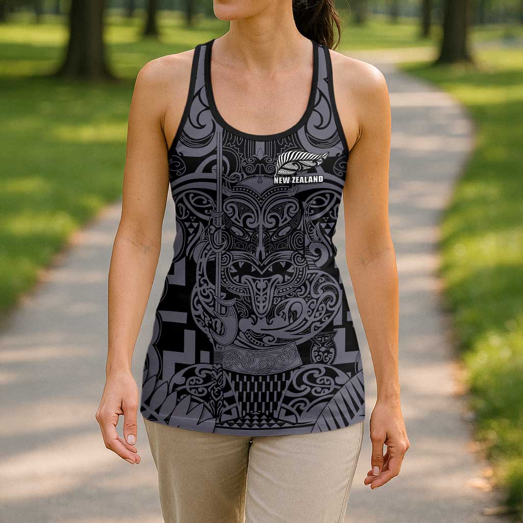 New Zealand Taiaha Maori Hollow Tank Top Minimalist Silver Fern All Black - Aussie Hoodie