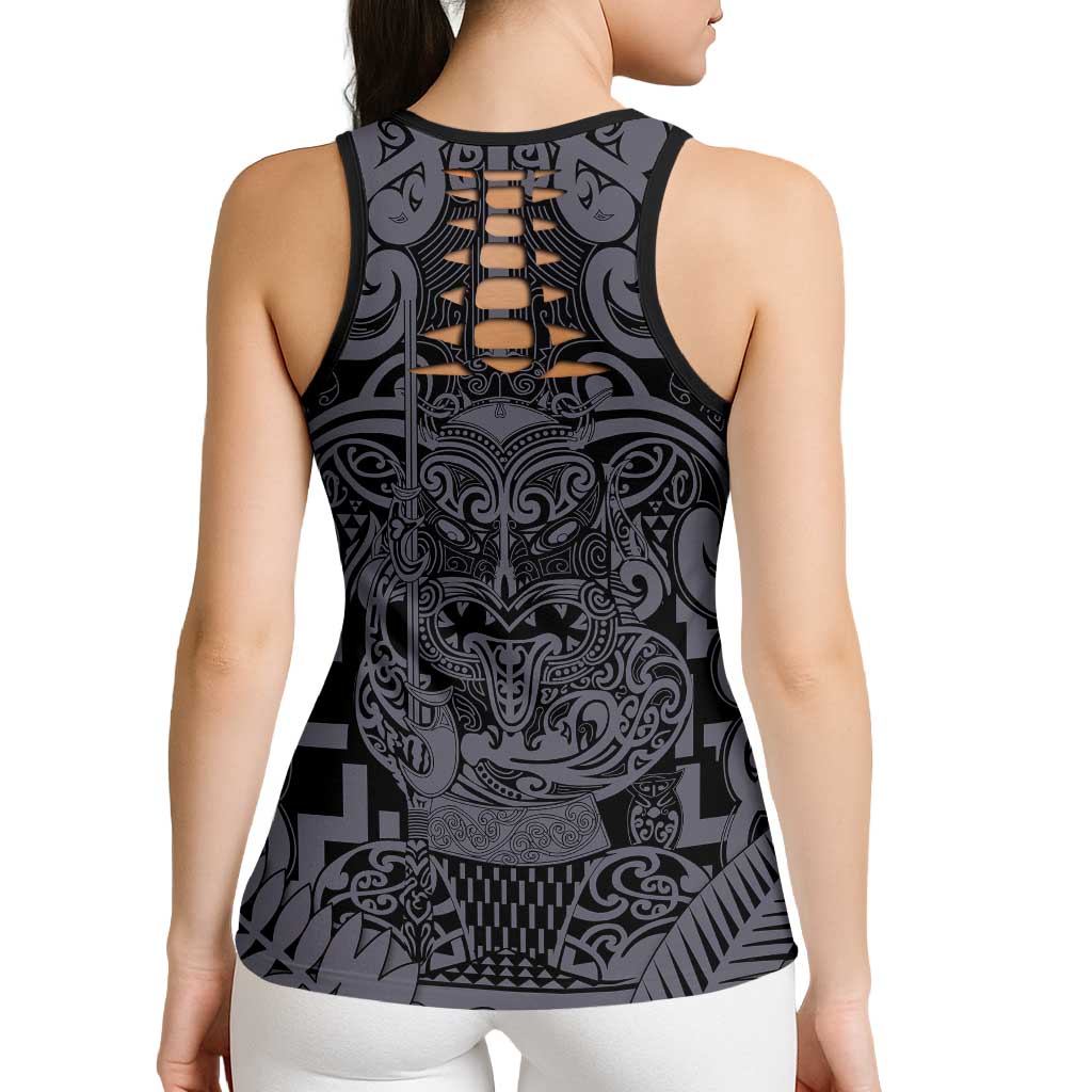 New Zealand Taiaha Maori Hollow Tank Top Minimalist Silver Fern All Black - Aussie Hoodie