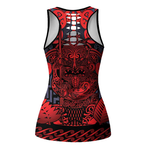 New Zealand Taiaha Maori Hollow Tank Top Whero Minimalist Silver Fern Tukutuku Motif