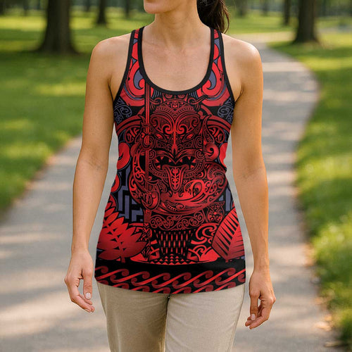 New Zealand Taiaha Maori Hollow Tank Top Whero Minimalist Silver Fern Tukutuku Motif