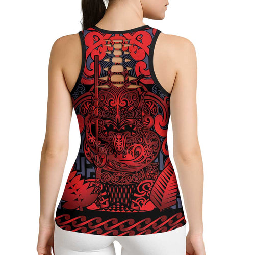 New Zealand Taiaha Maori Hollow Tank Top Whero Minimalist Silver Fern Tukutuku Motif