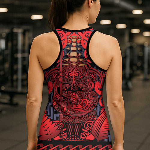 New Zealand Taiaha Maori Hollow Tank Top Whero Minimalist Silver Fern Tukutuku Motif