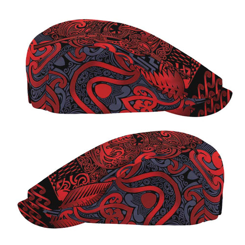New Zealand Taiaha Maori Jeff Hat Whero Minimalist Silver Fern Tukutuku Motif