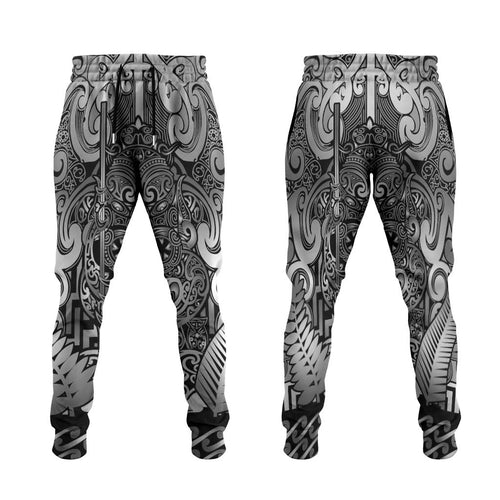 New Zealand Taiaha Maori Jogger Pants Kiwikiwi Minimalist Silver Fern Tukutuku Motif