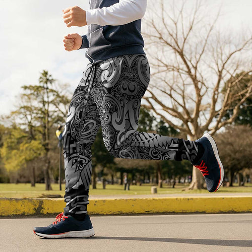 New Zealand Taiaha Maori Jogger Pants Kiwikiwi Minimalist Silver Fern Tukutuku Motif