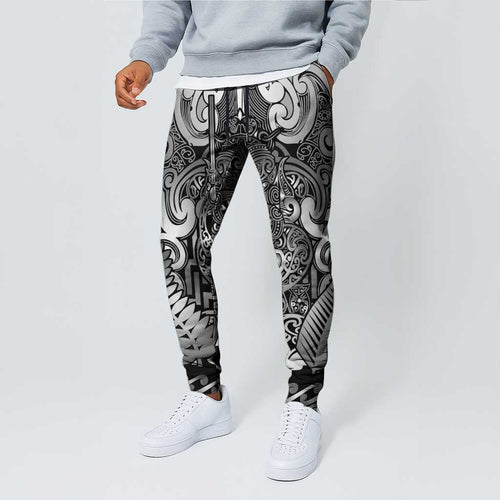 New Zealand Taiaha Maori Jogger Pants Kiwikiwi Minimalist Silver Fern Tukutuku Motif