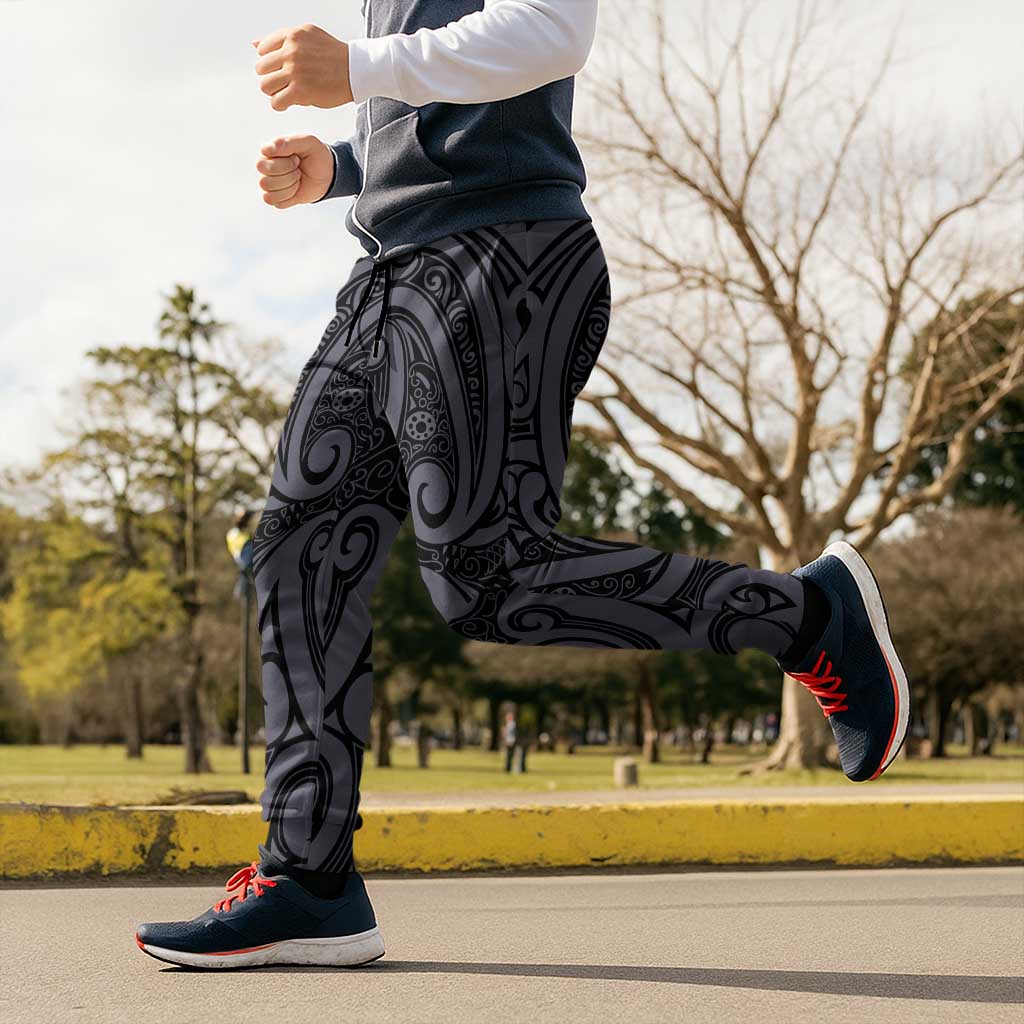 New Zealand Taiaha Maori Jogger Pants Minimalist Silver Fern All Black - Aussie Hoodie