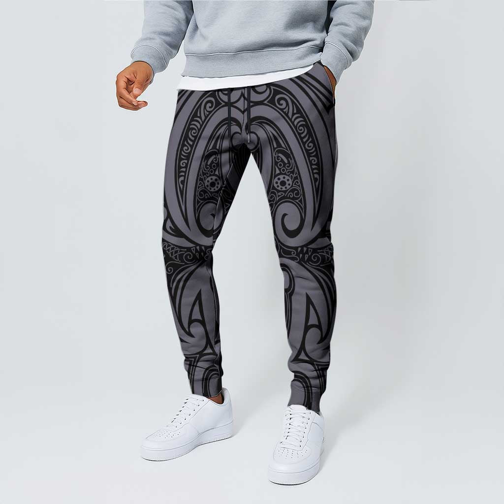 New Zealand Taiaha Maori Jogger Pants Minimalist Silver Fern All Black - Aussie Hoodie