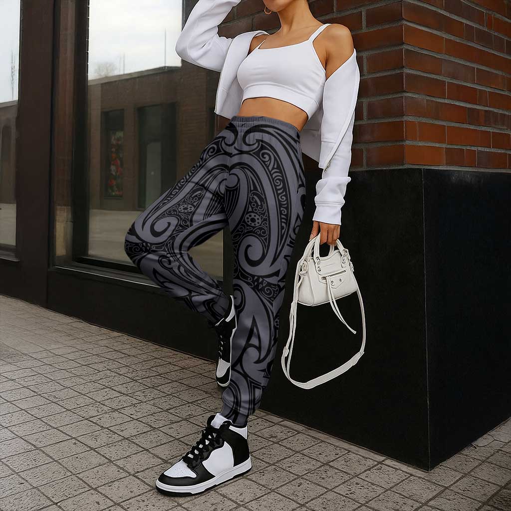 New Zealand Taiaha Maori Jogger Pants Minimalist Silver Fern All Black - Aussie Hoodie