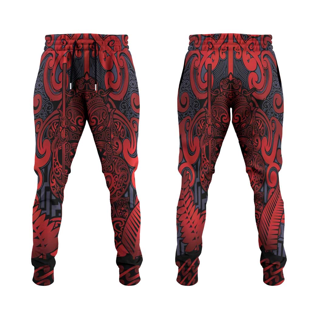 New Zealand Taiaha Maori Jogger Pants Whero Minimalist Silver Fern Tukutuku Motif