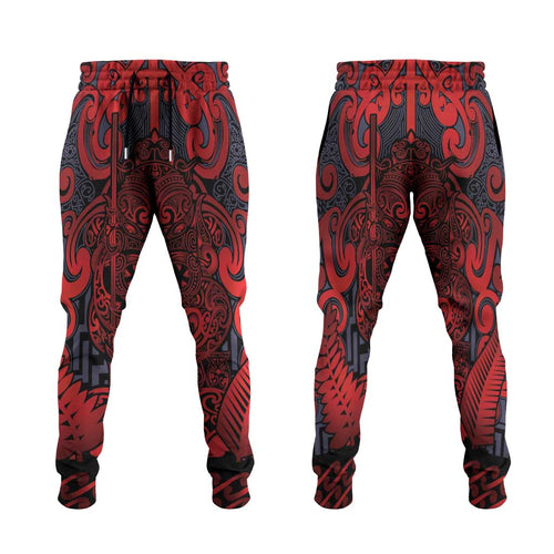 New Zealand Taiaha Maori Jogger Pants Whero Minimalist Silver Fern Tukutuku Motif