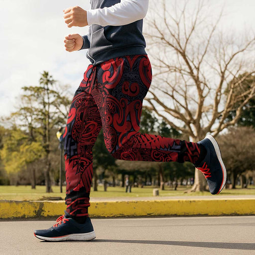 New Zealand Taiaha Maori Jogger Pants Whero Minimalist Silver Fern Tukutuku Motif