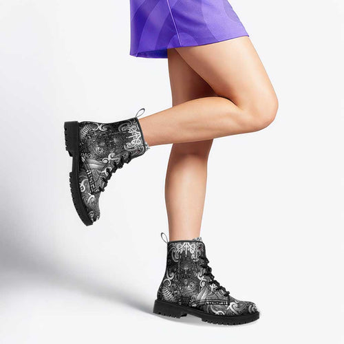 New Zealand Taiaha Maori Leather Boots Kiwikiwi Minimalist Silver Fern Tukutuku Motif