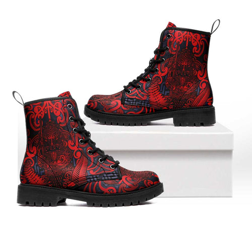 New Zealand Taiaha Maori Leather Boots Whero Minimalist Silver Fern Tukutuku Motif