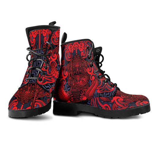 New Zealand Taiaha Maori Leather Boots Whero Minimalist Silver Fern Tukutuku Motif