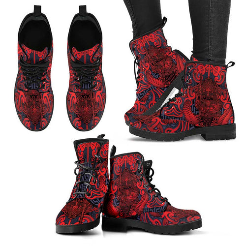 New Zealand Taiaha Maori Leather Boots Whero Minimalist Silver Fern Tukutuku Motif