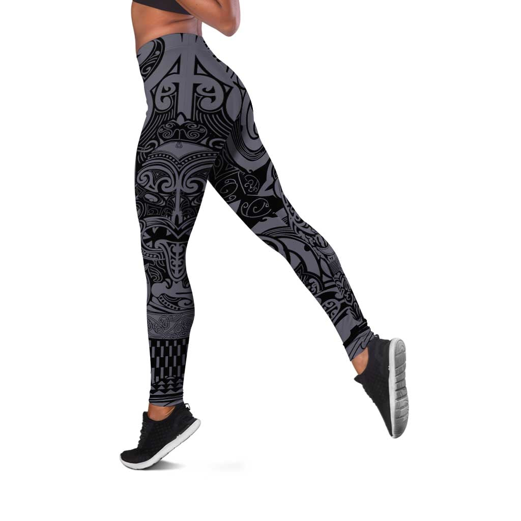 New Zealand Taiaha Maori Leggings Minimalist Silver Fern All Black