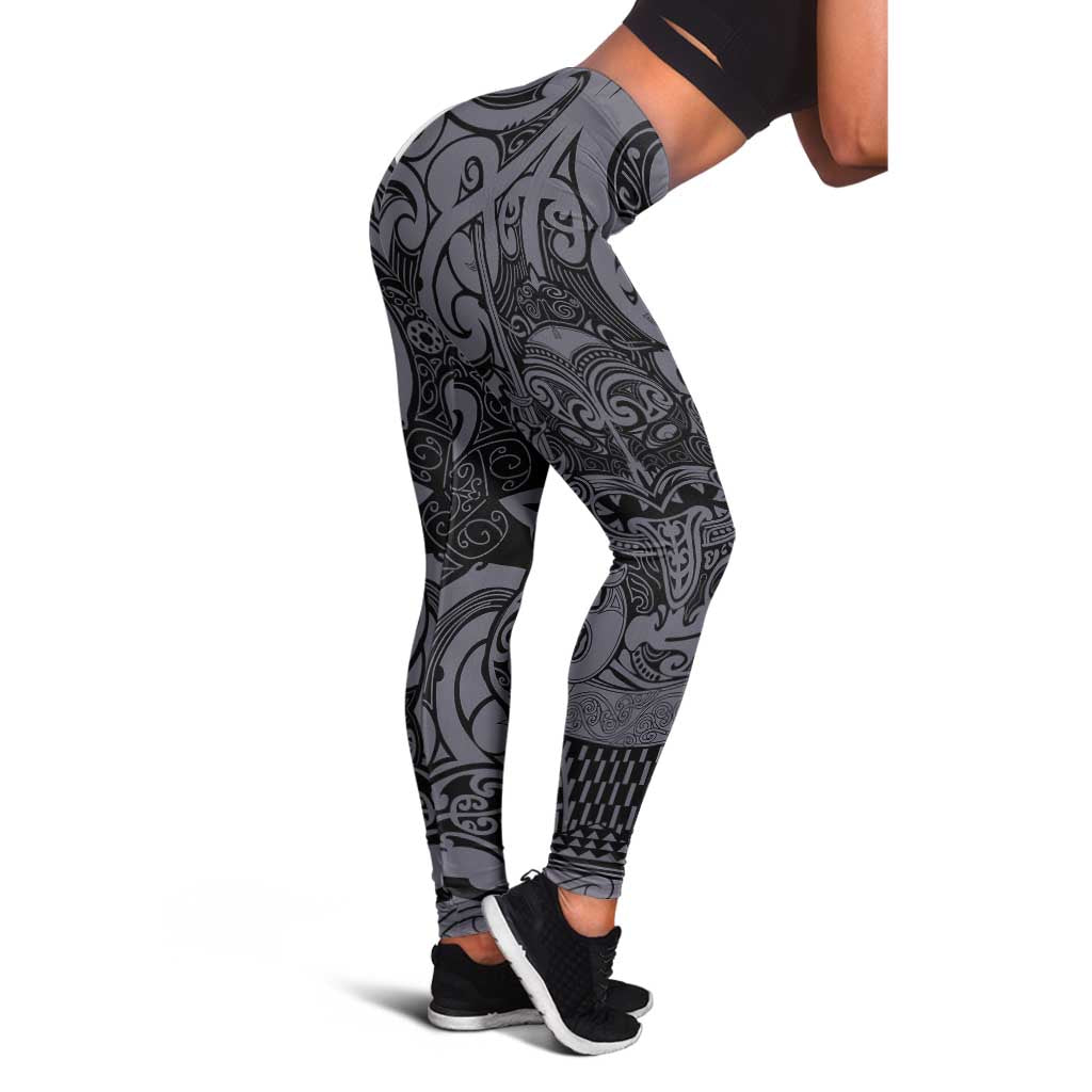 New Zealand Taiaha Maori Leggings Minimalist Silver Fern All Black