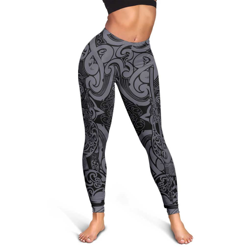 New Zealand Taiaha Maori Leggings Minimalist Silver Fern All Black