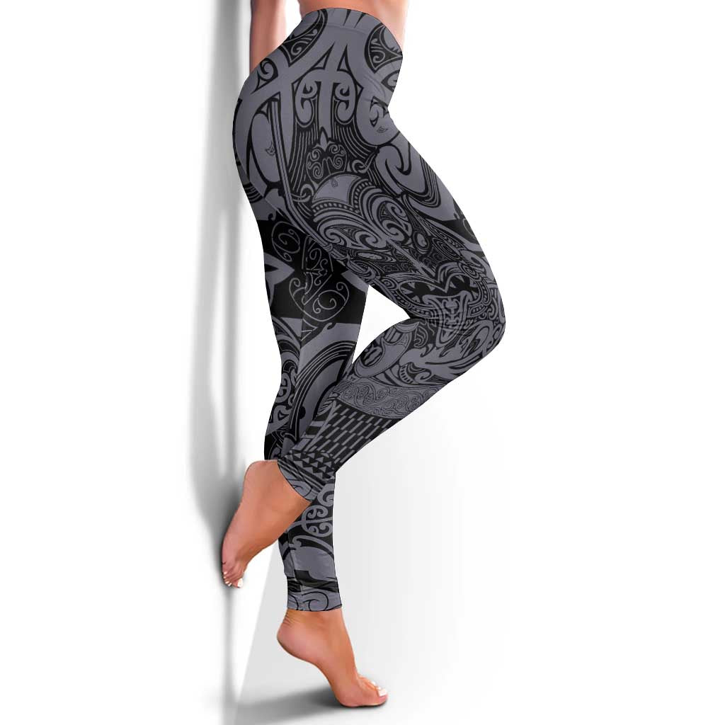 New Zealand Taiaha Maori Leggings Minimalist Silver Fern All Black