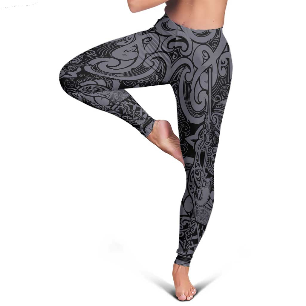 New Zealand Taiaha Maori Leggings Minimalist Silver Fern All Black