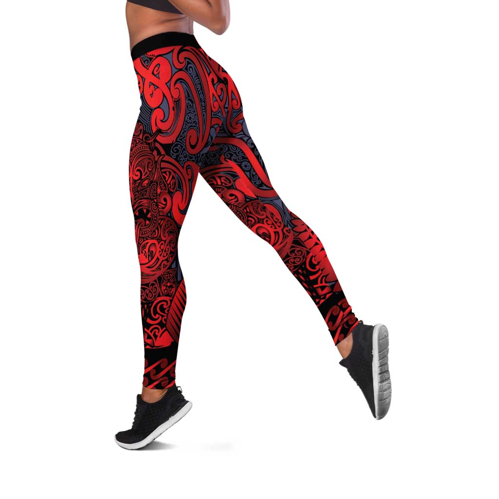 New Zealand Taiaha Maori Leggings Whero Minimalist Silver Fern Tukutuku Motif
