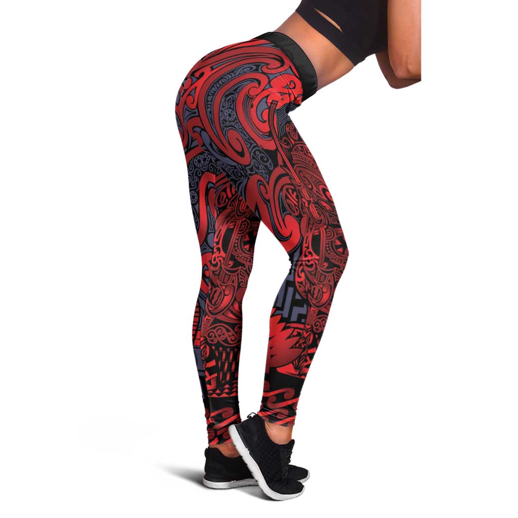 New Zealand Taiaha Maori Leggings Whero Minimalist Silver Fern Tukutuku Motif