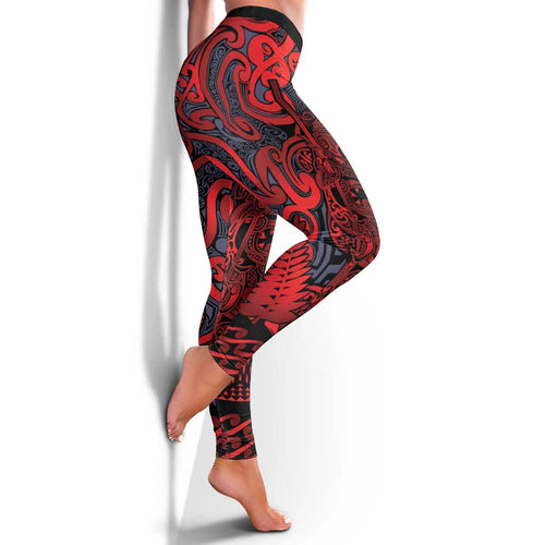New Zealand Taiaha Maori Leggings Whero Minimalist Silver Fern Tukutuku Motif