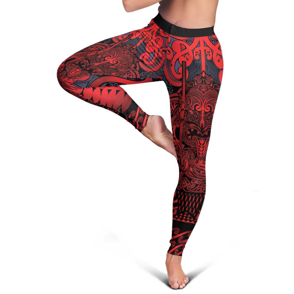 New Zealand Taiaha Maori Leggings Whero Minimalist Silver Fern Tukutuku Motif