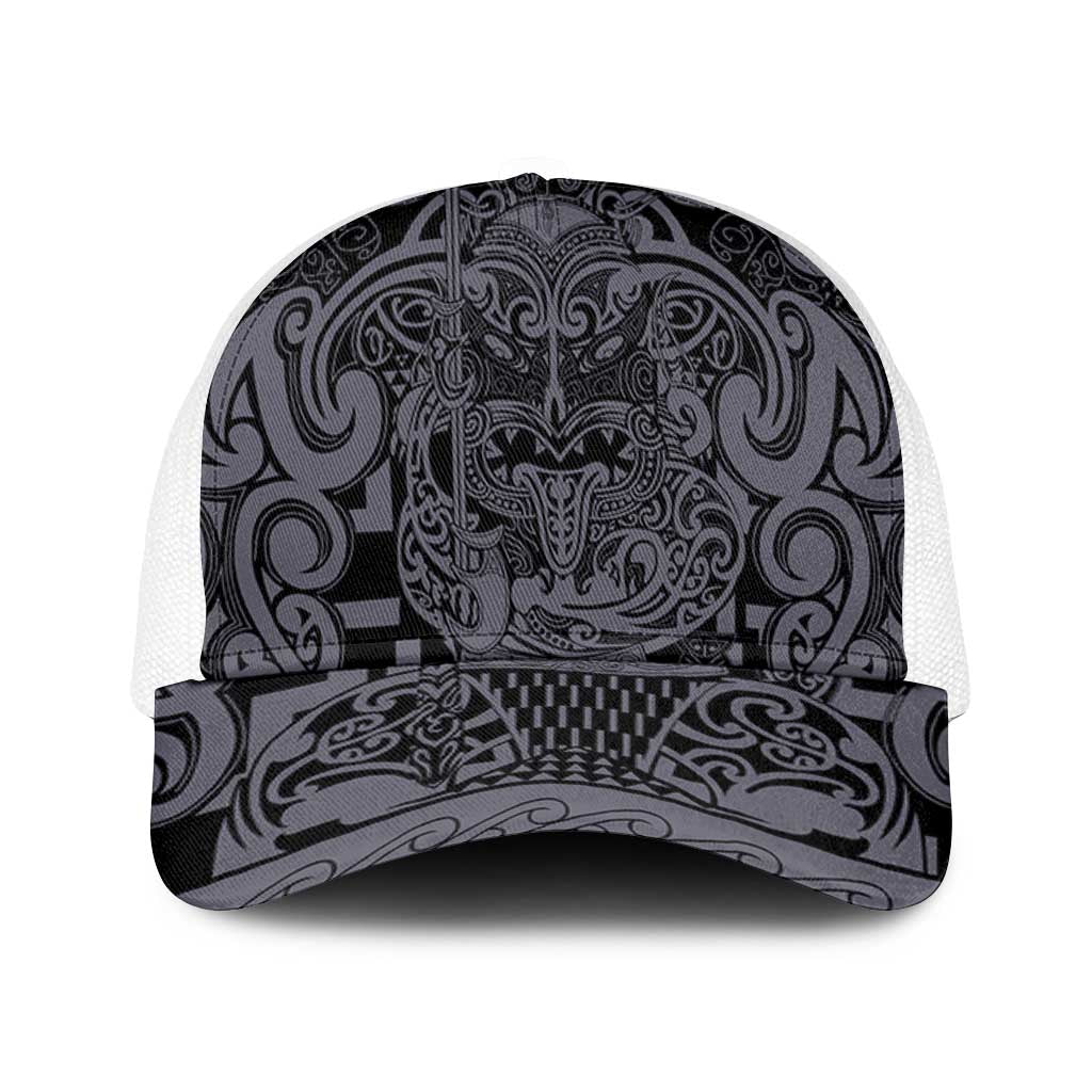 New Zealand Taiaha Maori Mesh Trucker Cap Minimalist Silver Fern All Black - Aussie Hoodie