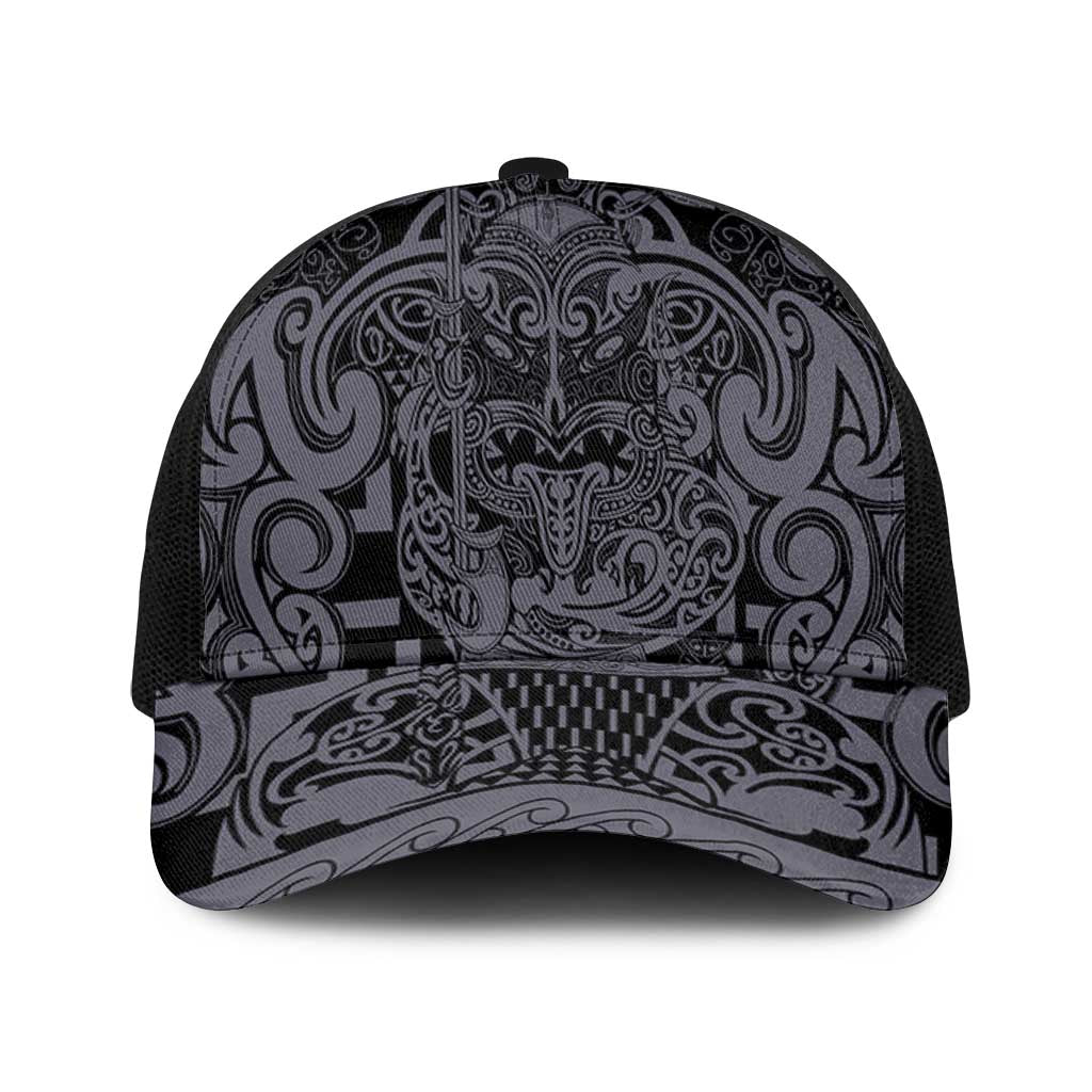 New Zealand Taiaha Maori Mesh Trucker Cap Minimalist Silver Fern All Black - Aussie Hoodie