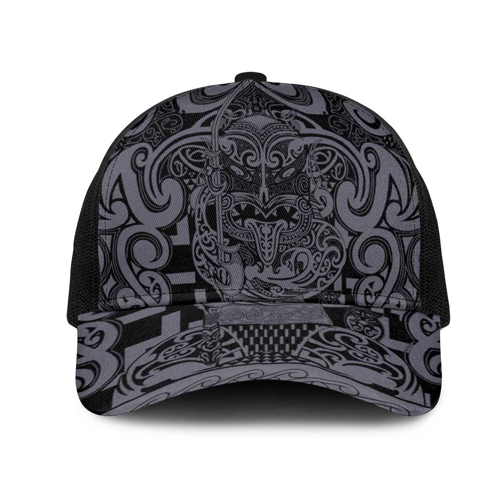 New Zealand Taiaha Maori Mesh Trucker Cap Minimalist Silver Fern All Black - Aussie Hoodie