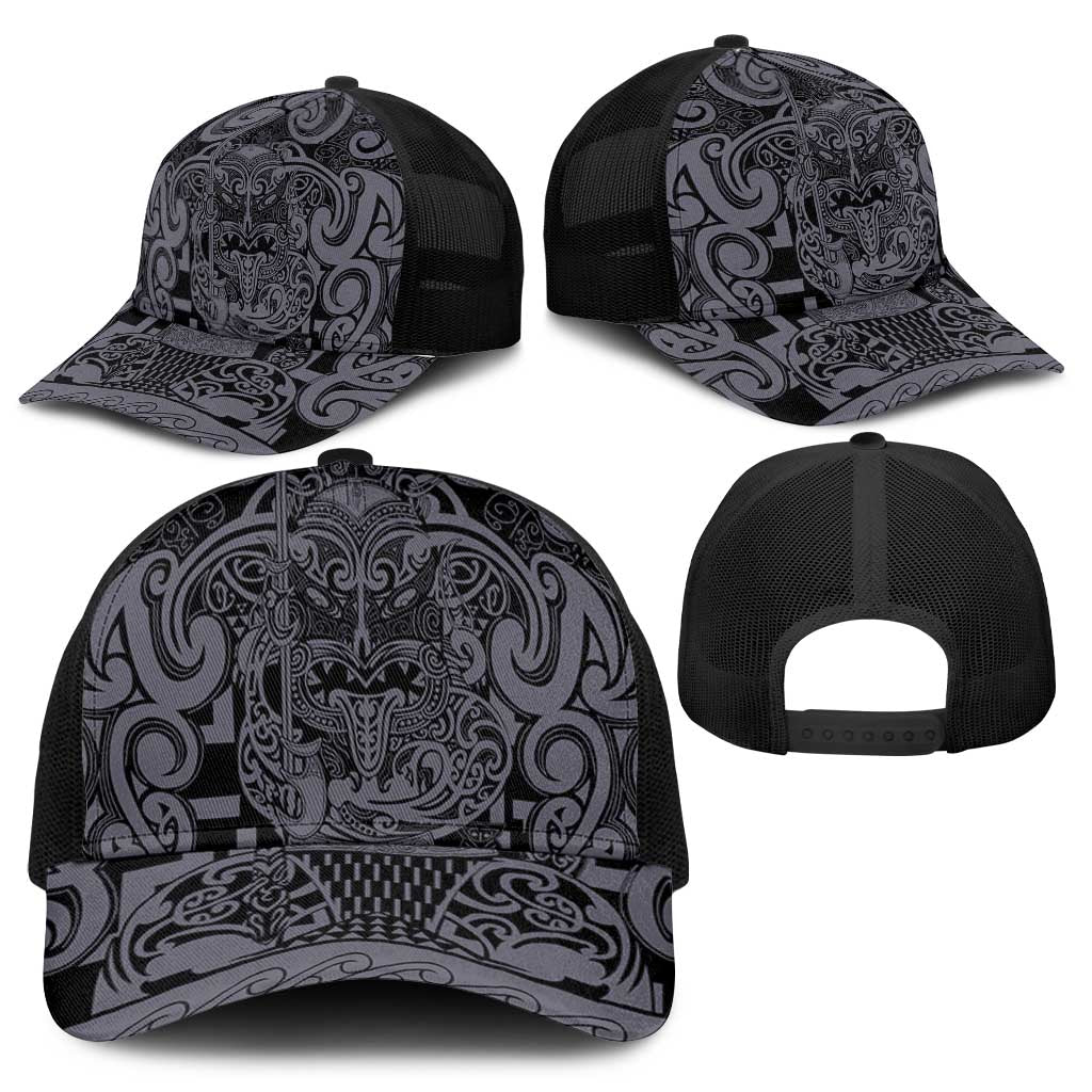 New Zealand Taiaha Maori Mesh Trucker Cap Minimalist Silver Fern All Black - Aussie Hoodie