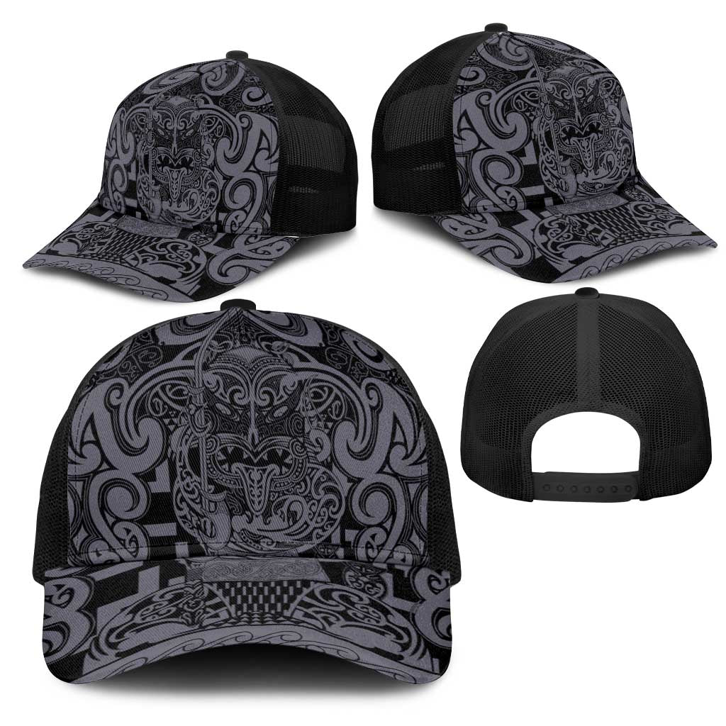 New Zealand Taiaha Maori Mesh Trucker Cap Minimalist Silver Fern All Black - Aussie Hoodie