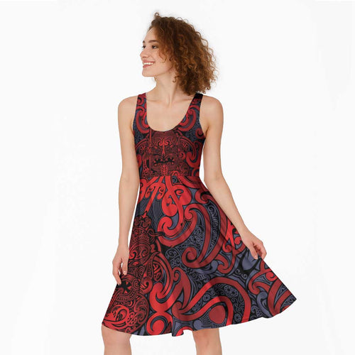 New Zealand Taiaha Maori Midi Dress Whero Minimalist Silver Fern Tukutuku Motif