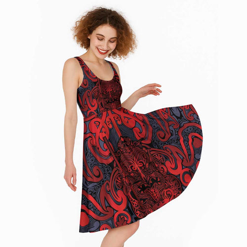 New Zealand Taiaha Maori Midi Dress Whero Minimalist Silver Fern Tukutuku Motif
