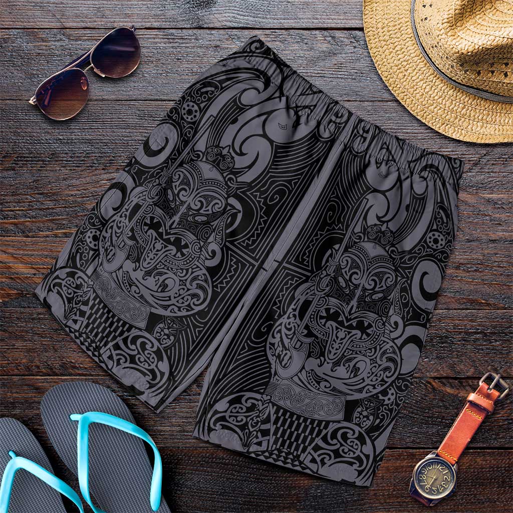 New Zealand Taiaha Maori Shorts for Men Minimalist Silver Fern All Black