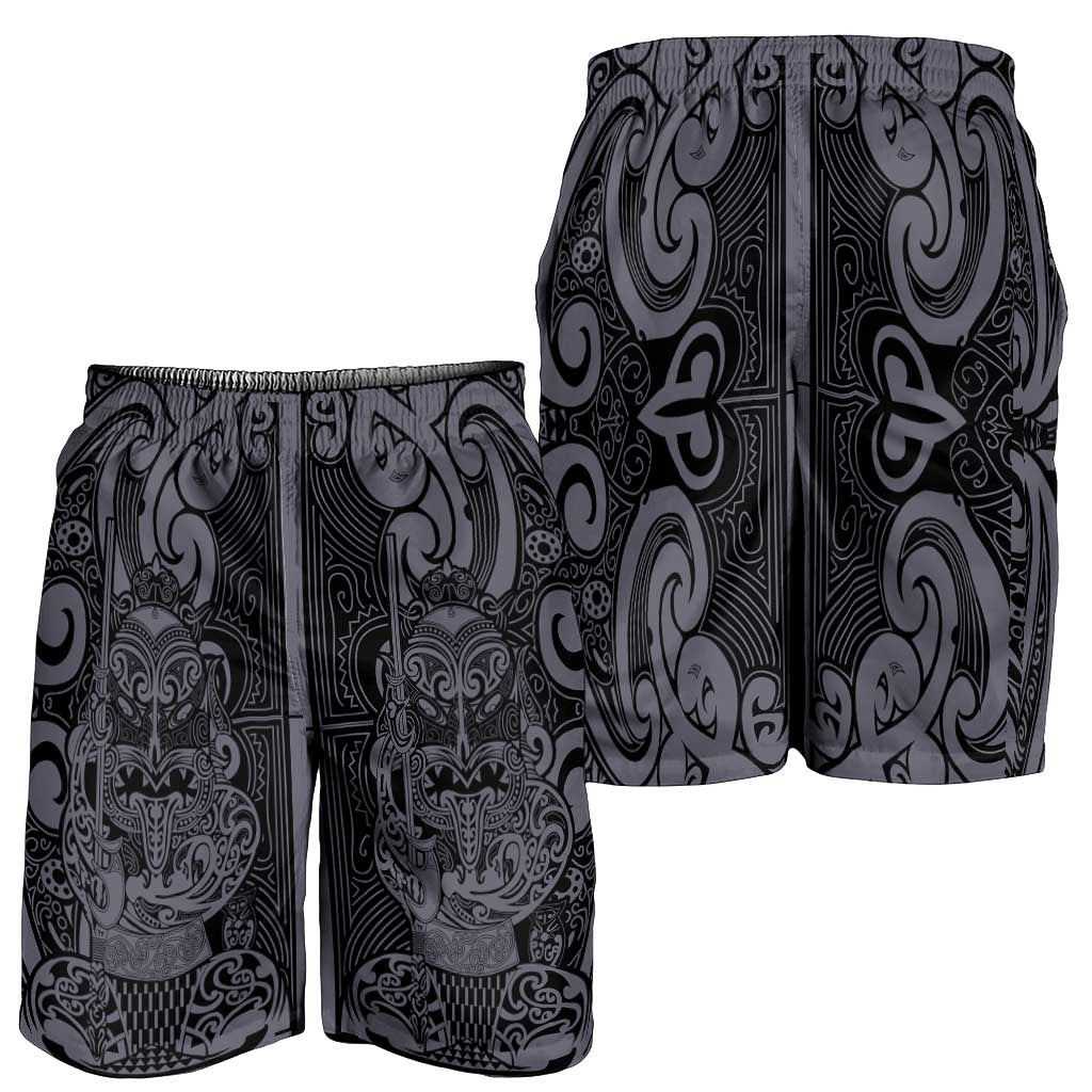New Zealand Taiaha Maori Shorts for Men Minimalist Silver Fern All Black