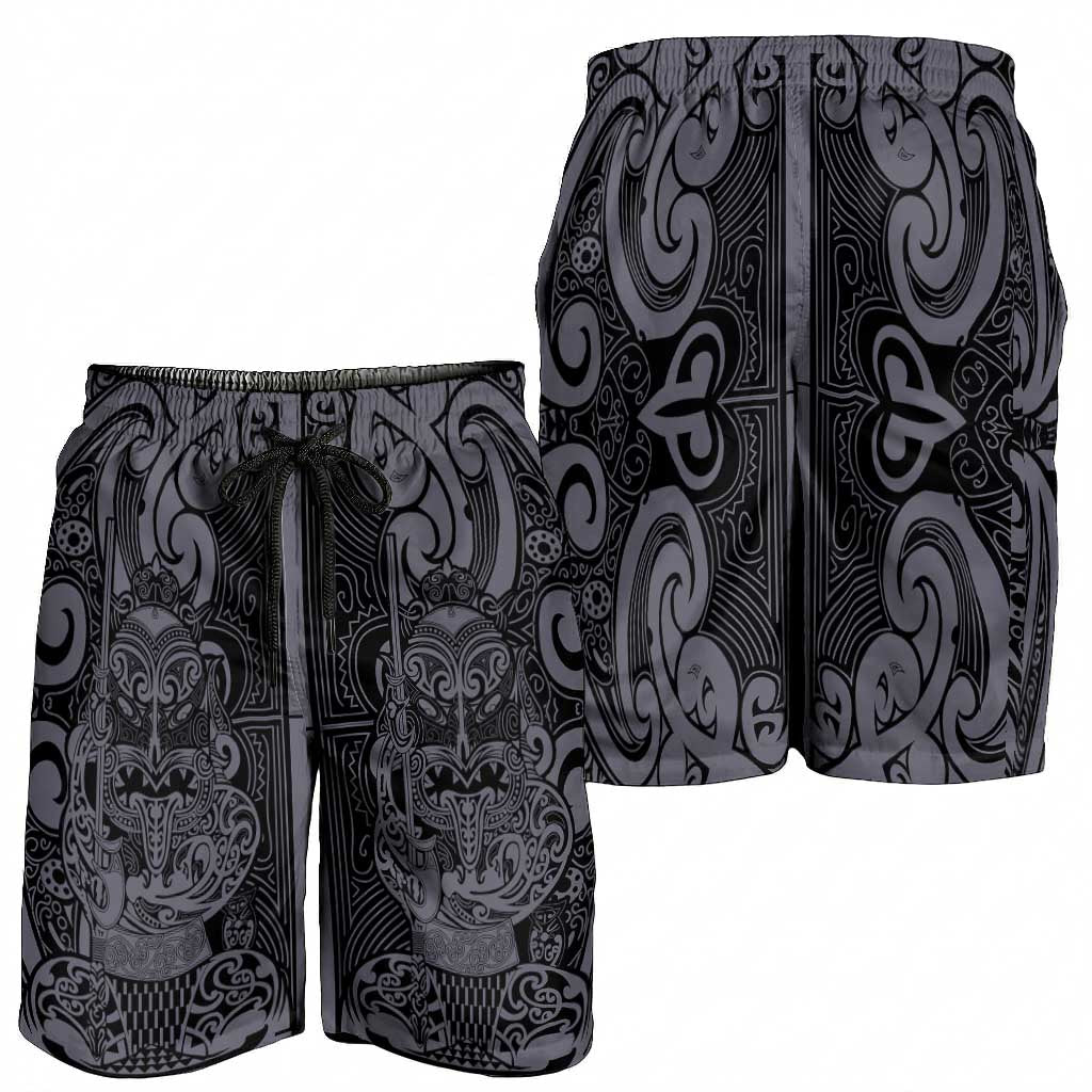 New Zealand Taiaha Maori Shorts for Men Minimalist Silver Fern All Black