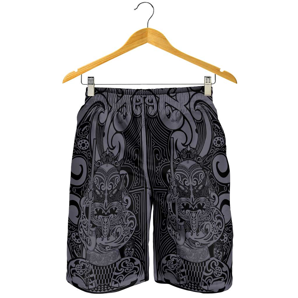 New Zealand Taiaha Maori Shorts for Men Minimalist Silver Fern All Black