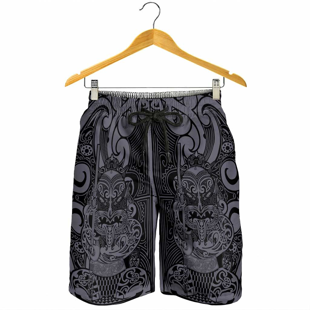 New Zealand Taiaha Maori Shorts for Men Minimalist Silver Fern All Black