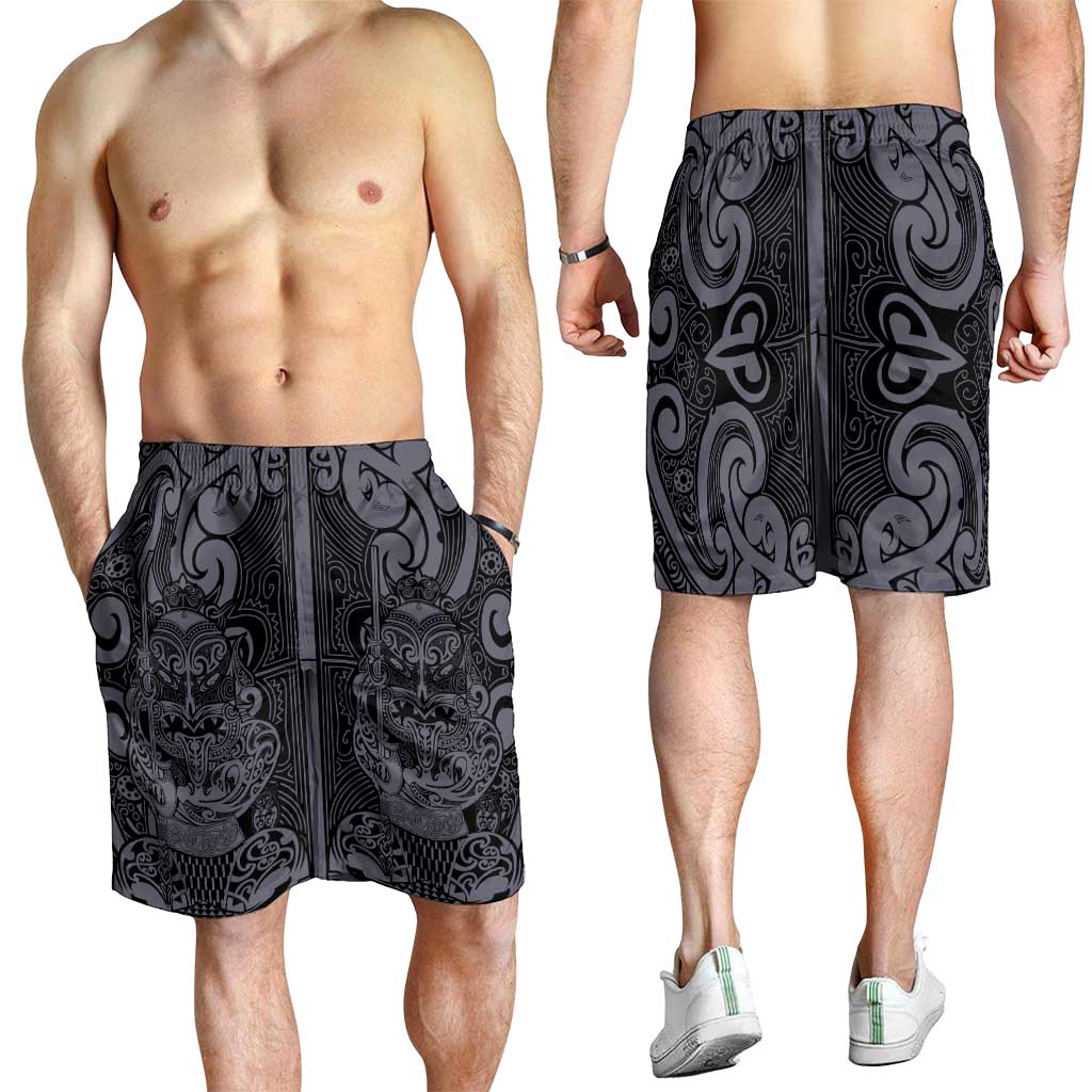 New Zealand Taiaha Maori Shorts for Men Minimalist Silver Fern All Black