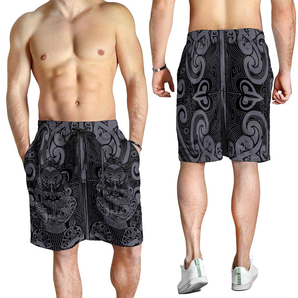 New Zealand Taiaha Maori Shorts for Men Minimalist Silver Fern All Black